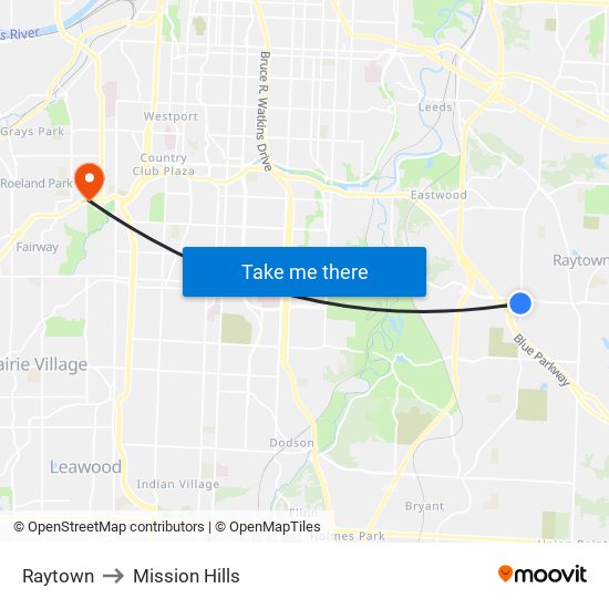 Raytown to Mission Hills map