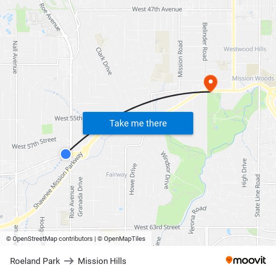 Roeland Park to Mission Hills map