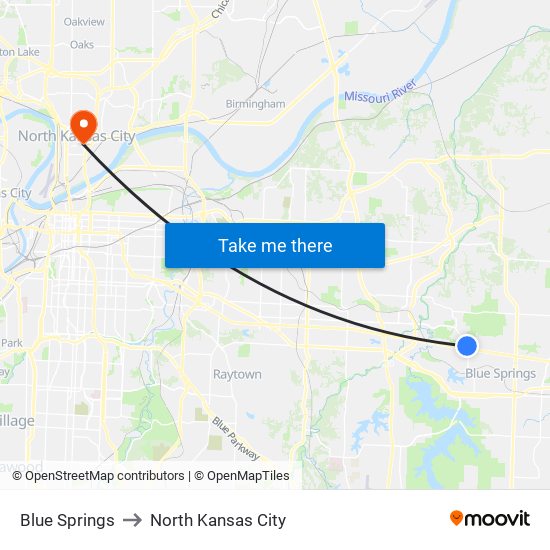 Blue Springs to North Kansas City map