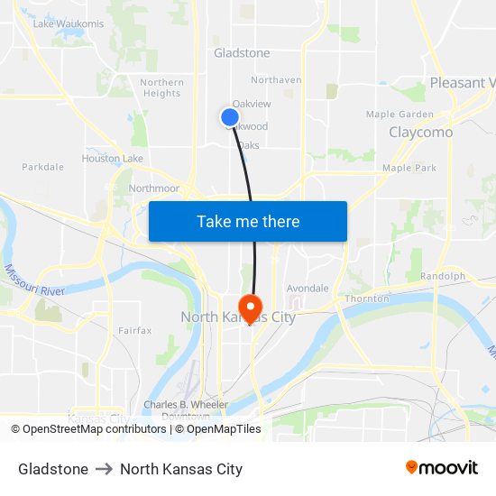 Gladstone to North Kansas City map