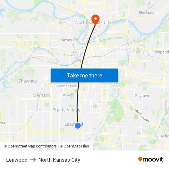 Leawood to North Kansas City map