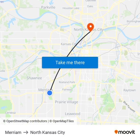 Merriam to North Kansas City map