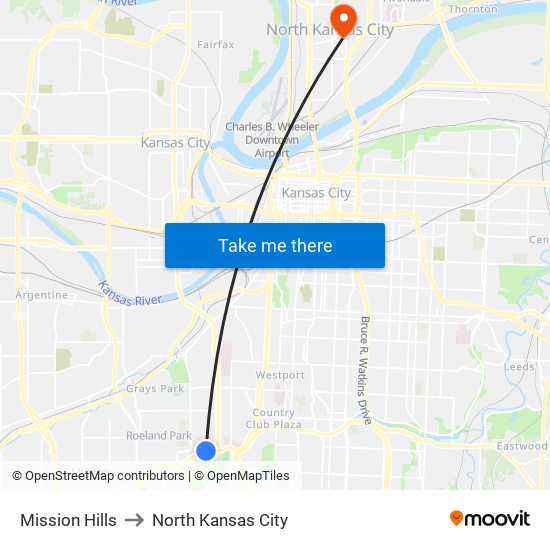 Mission Hills to North Kansas City map