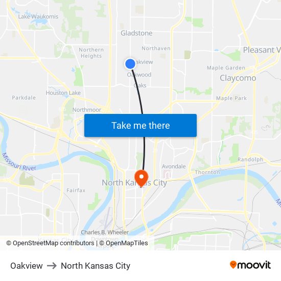 Oakview to North Kansas City map