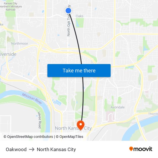 Oakwood to North Kansas City map