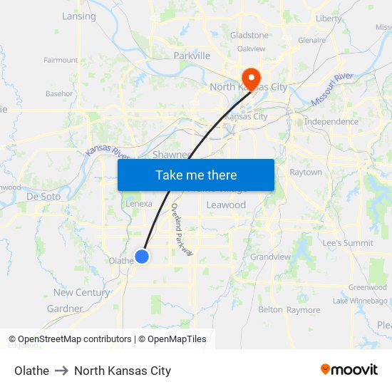 Olathe to North Kansas City map