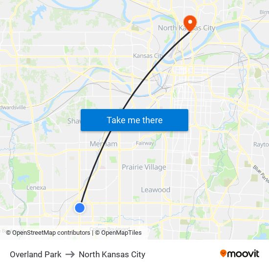 Overland Park to North Kansas City map