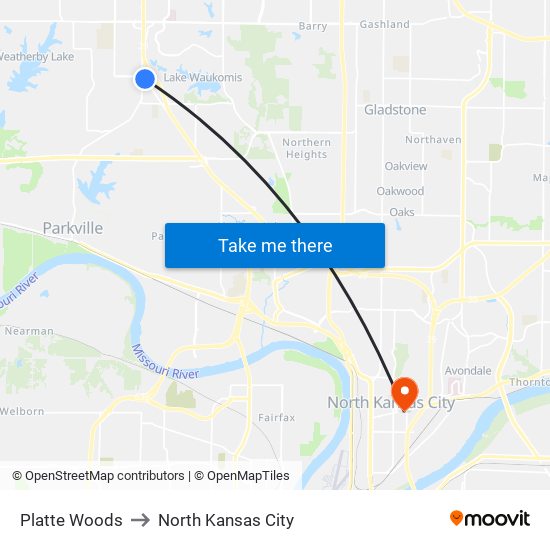 Platte Woods to North Kansas City map