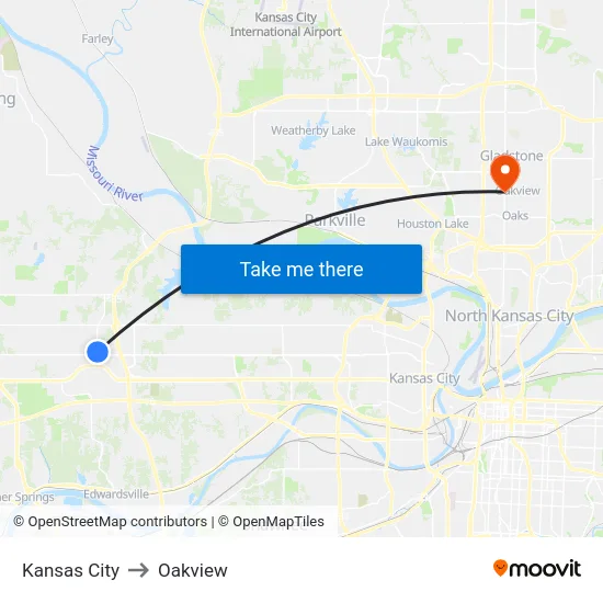 Kansas City to Oakview map