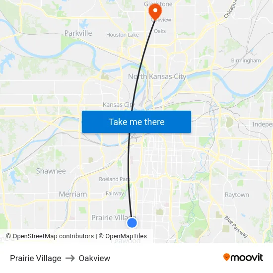 Prairie Village to Oakview map
