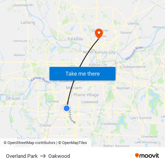 Overland Park to Oakwood map