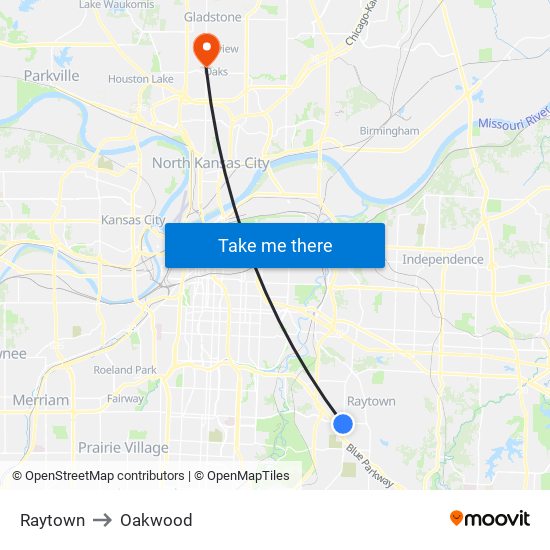 Raytown to Oakwood map