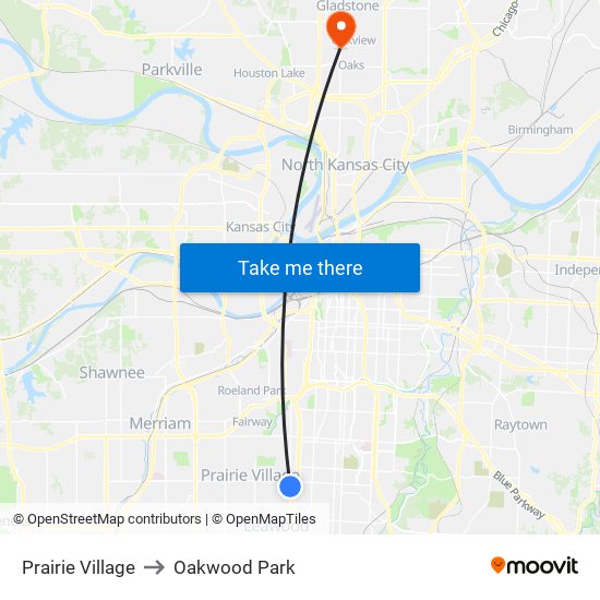 Prairie Village to Oakwood Park map