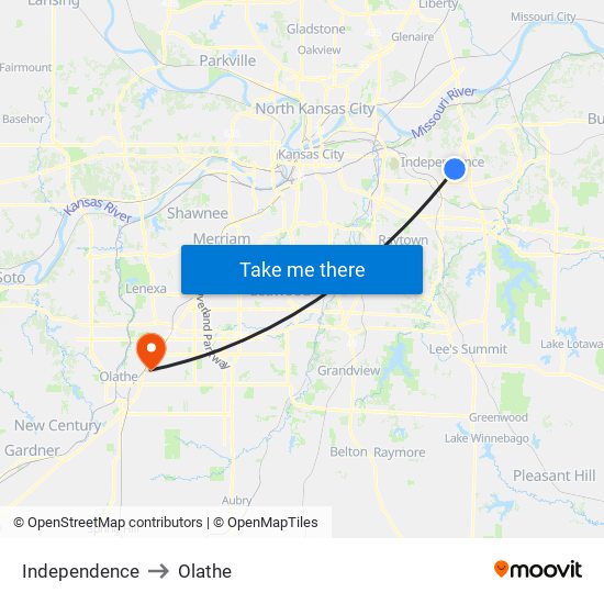 Independence to Olathe map