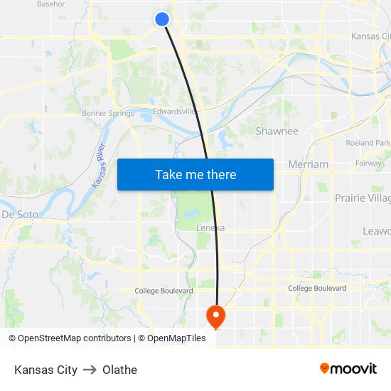 Kansas City to Olathe map