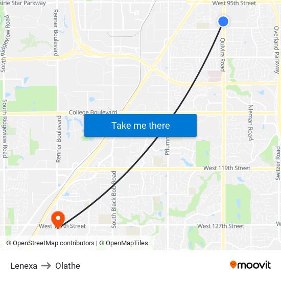 Lenexa to Olathe map