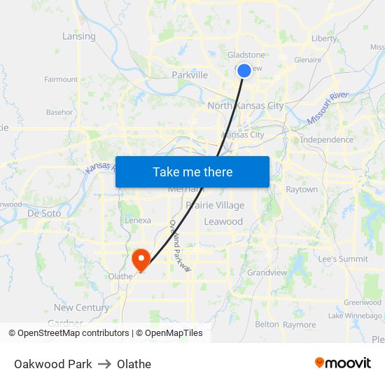 Oakwood Park to Olathe map