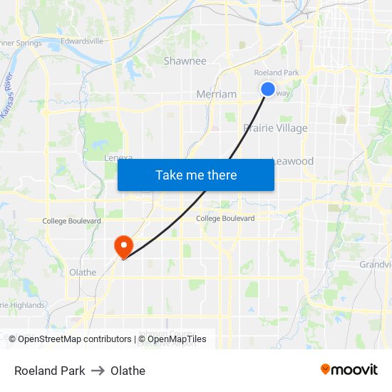 Roeland Park to Olathe map