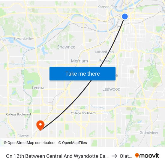 On 12th Between Central And Wyandotte Eastbound to Olathe map