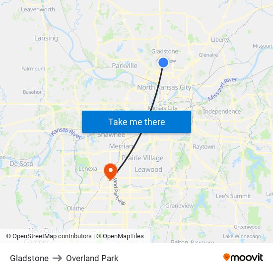 Gladstone to Overland Park map