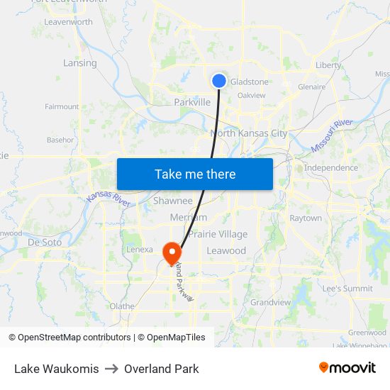 Lake Waukomis to Overland Park map