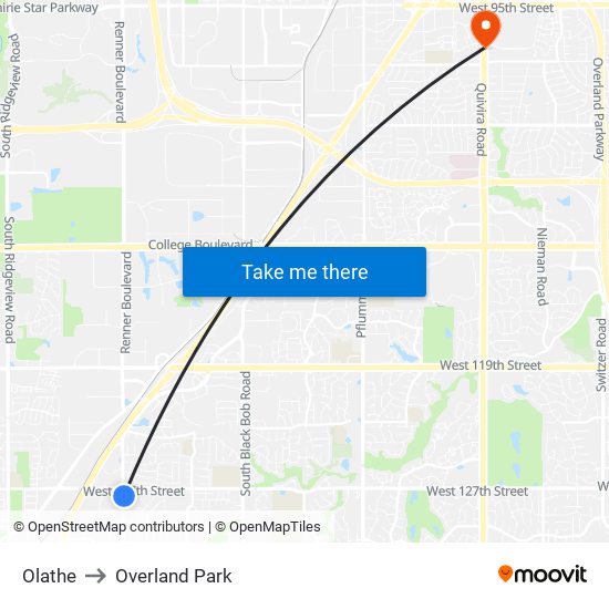 Olathe to Overland Park map