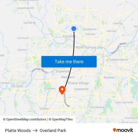 Platte Woods to Overland Park map