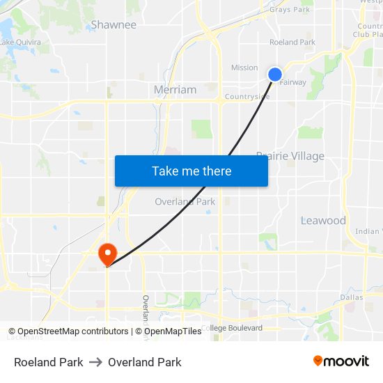 Roeland Park to Overland Park map