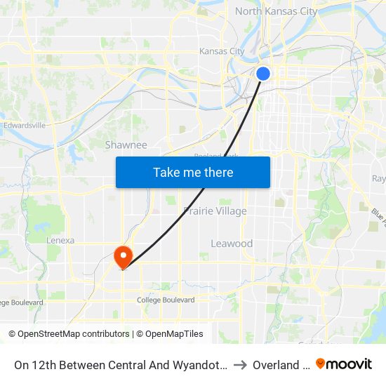 On 12th Between Central And Wyandotte Eastbound to Overland Park map