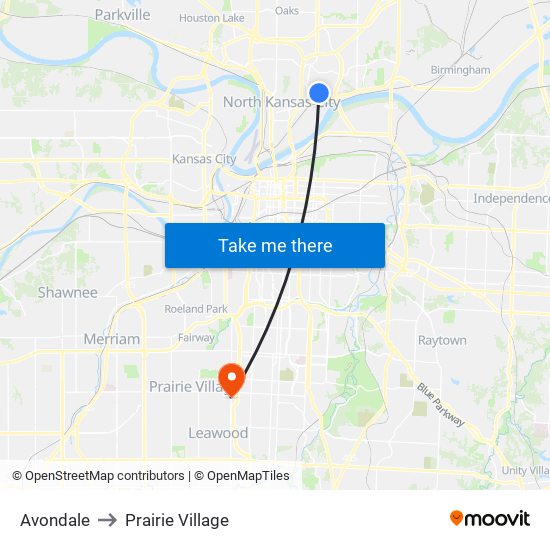 Avondale to Prairie Village map