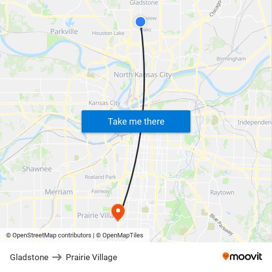 Gladstone to Prairie Village map