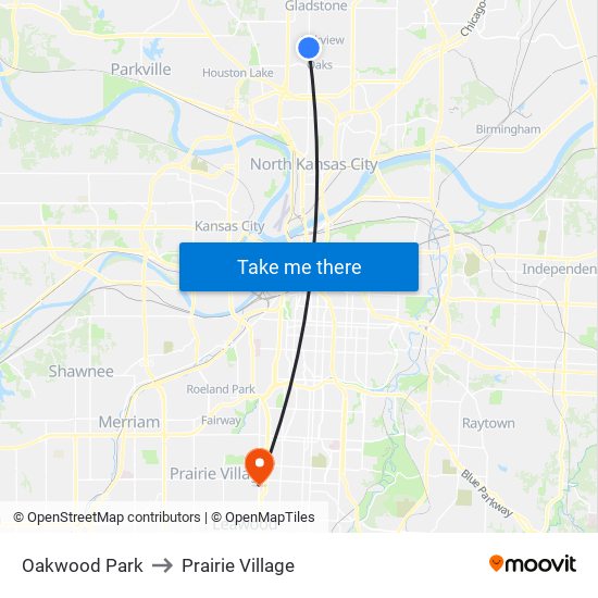 Oakwood Park to Prairie Village map