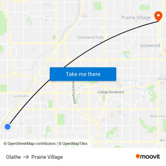 Olathe to Prairie Village map