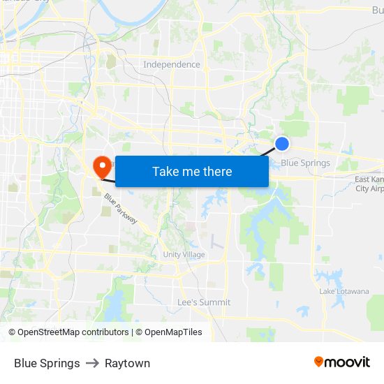 Blue Springs to Raytown map