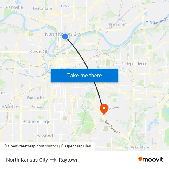 North Kansas City to Raytown map