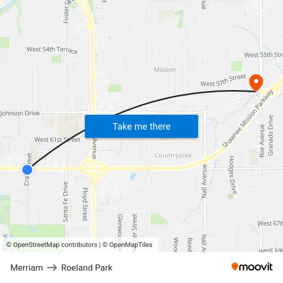 Merriam to Roeland Park map