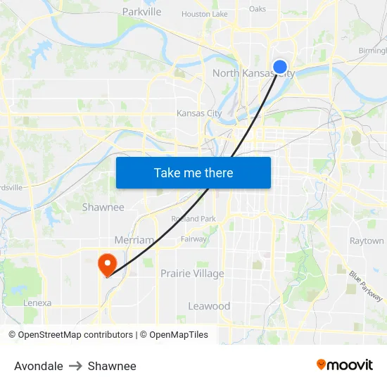 Avondale to Shawnee map
