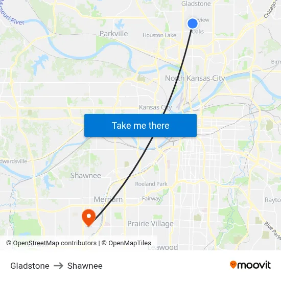 Gladstone to Shawnee map