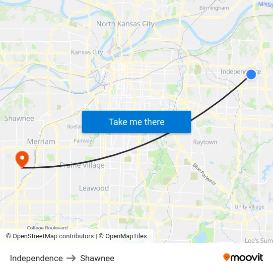 Independence to Shawnee map