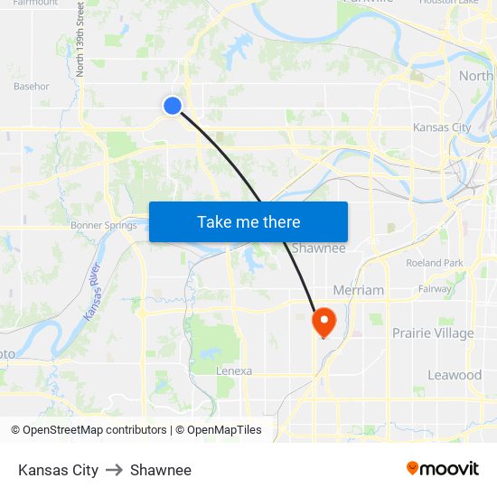 Kansas City to Shawnee map