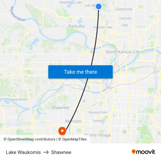 Lake Waukomis to Shawnee map