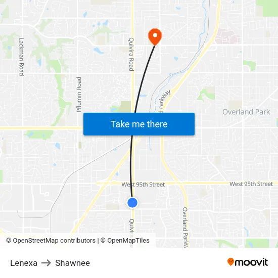 Lenexa to Shawnee map