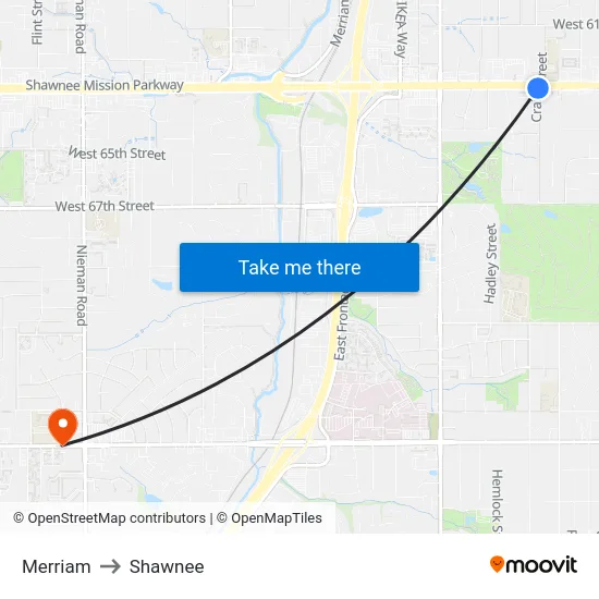 Merriam to Shawnee map