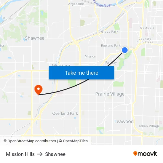 Mission Hills to Shawnee map
