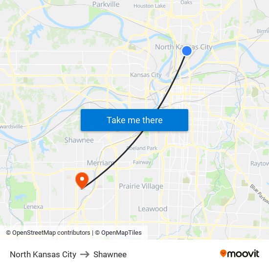 North Kansas City to Shawnee map