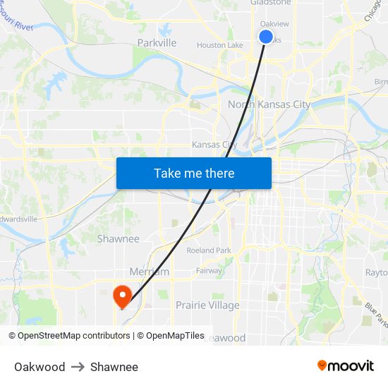 Oakwood to Shawnee map