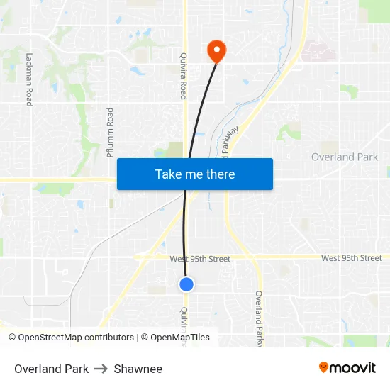 Overland Park to Shawnee map