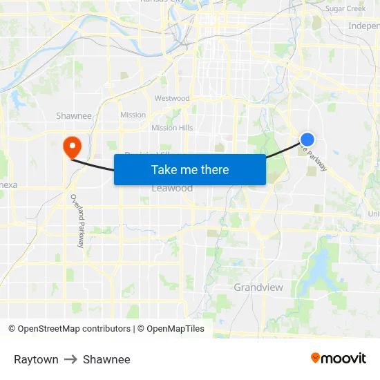 Raytown to Shawnee map