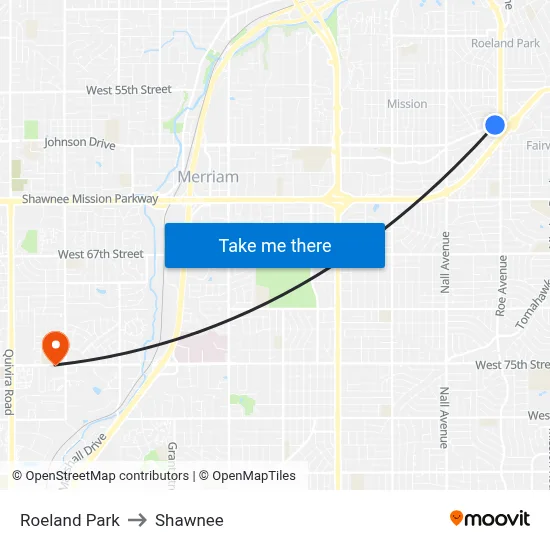 Roeland Park to Shawnee map