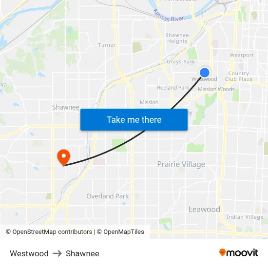 Westwood to Shawnee map